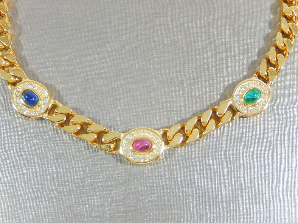 CHRISTIAN DIOR VTG SAPPHIRE GLASS EMERALD GLASS RUBY GLASS CABOCHON GT NECKLACE