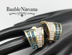 Vintage Look of Real Gold Plated Earrings Square Sapphire Blue&Rhinestones