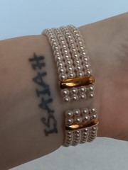 Vintage 4 Strand Faux Pearl Goldtone Tension Cuff Bracelet 7.5 in