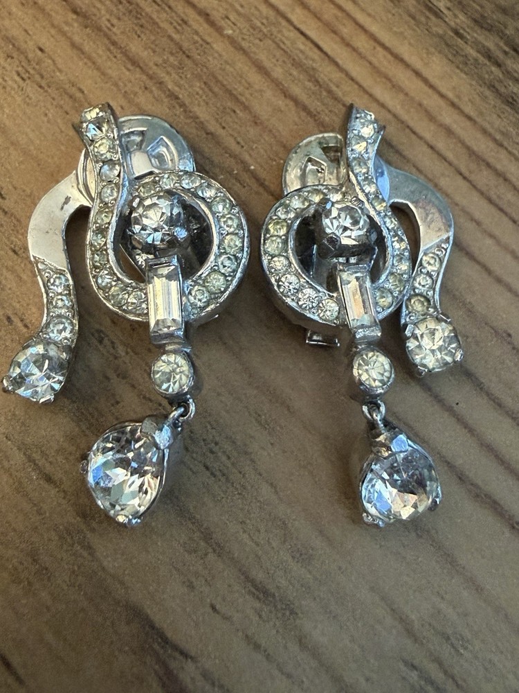 Joseph Mazer Crown Clip On Earrings Clear Rhinestones Rhodium Plated Jomaz