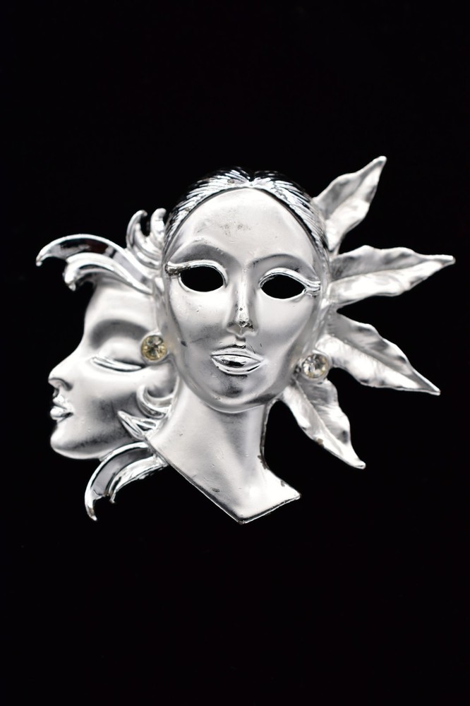 Vintage Sun Moon Mask Abstract Brooch Pin Silver Tone Art Chunky 1980s BinBK