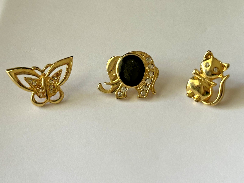 Assorted Animal Gold Toned Pins (Butterfly, Elephant, Cat)