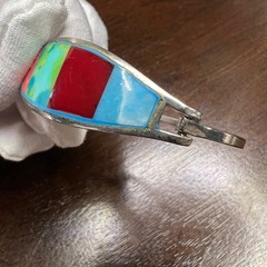 Vintage Alpaca Mexico Bangle Bracelet Multi Color Enamel Silver Tone 7.2 in