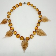 Vtg Art Glass Necklace Amber Citrine Molded Leaves Charm Mellon Beads Read