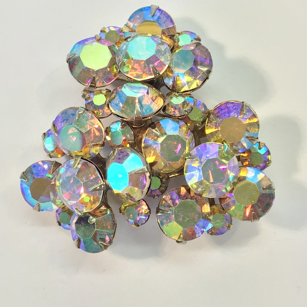 Aurora Borealis LARGE Triangular Layered Pin, All Stones ‘Live’ Secure Clasp