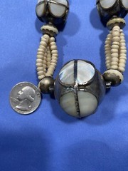 Vintage Bead Ethnic Boho Silver tone Bone / metal/ mother of pearl Necklace