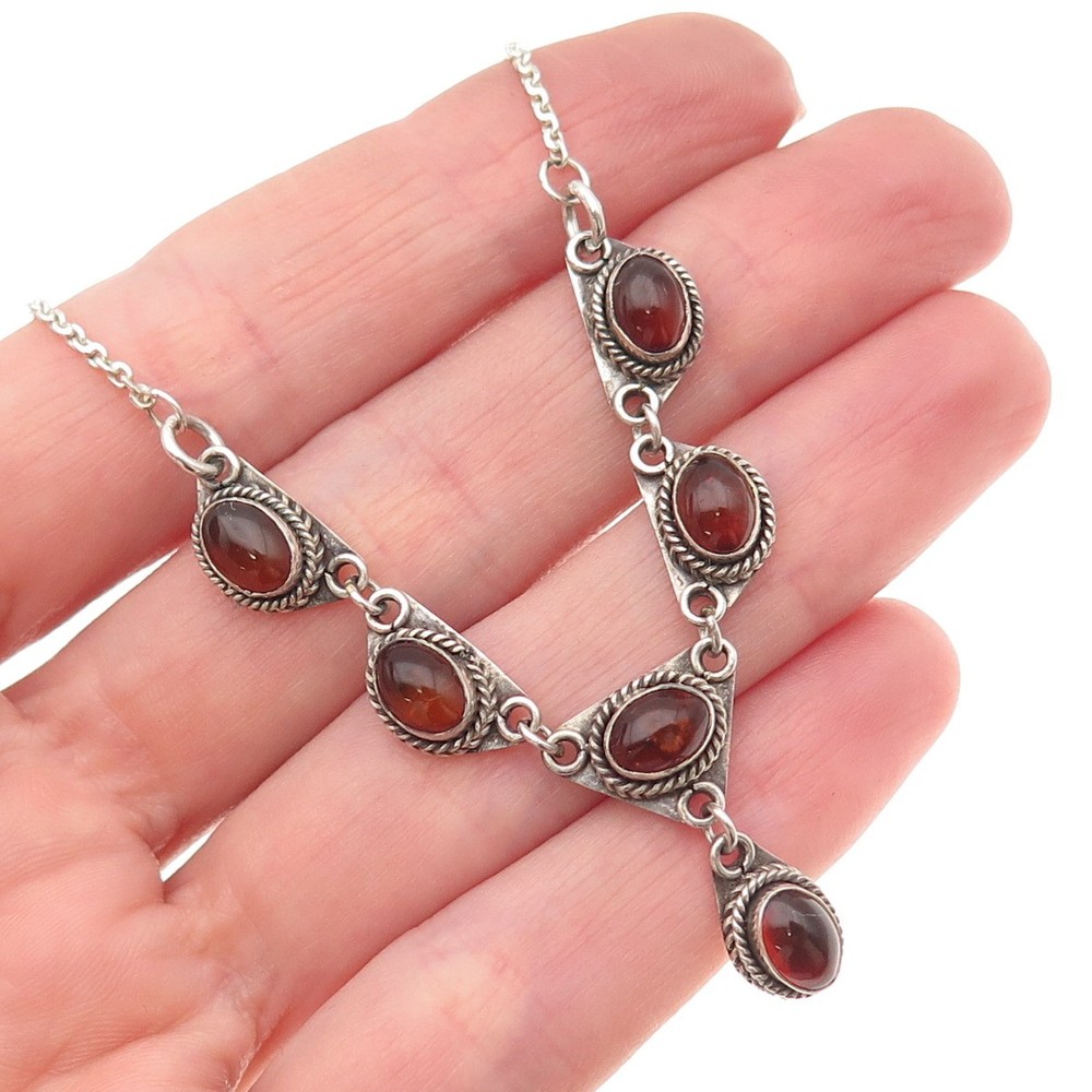 925 Sterling Silver Vintage Real Amber Cable Chain Necklace 16-18″