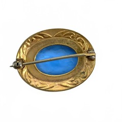 Vintage Glass Art Nouveau Brooch Goldtone Blue Sapphire Color Oval Pin Small