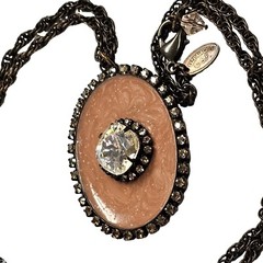 Liz Palacitos Enamel Stone Necklace Pendant Rhinestone Metal Bronze Pink 26″L