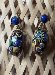 Vintage Murano Millefiori Glass Bead Drip Earrings Gold Tone Twist Back