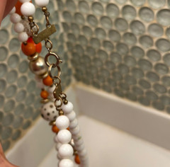 Vintage Double Strand Orange, White & Gold Beaded Necklace 17.5” Long