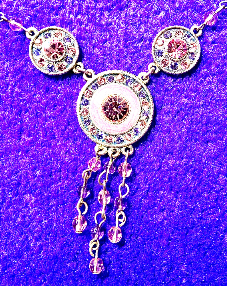 VINTAGE🇺🇸1928 FAIRY FANTASY PURPLE+PINK AUSTRIAN CRYST+ENAMEL NECKLACE VG+✨VTG