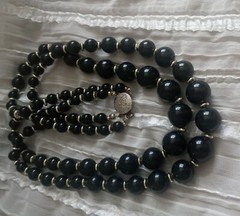 20″ Vintage Black Acrylic Beaded Necklace Gold/Silver Tone Accented Estate…