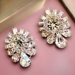 Rhinestone Earrings Clip On Large Clear Statement Vintage Glamorous Designer