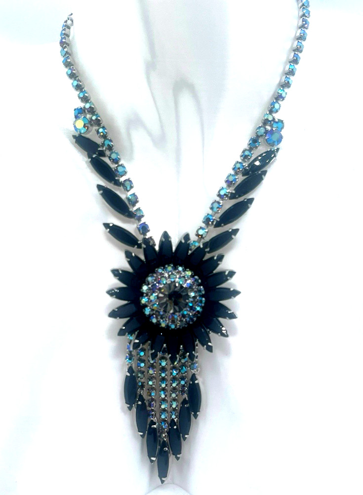 Juliana D&E Jet Black “Sunburst” Dangle Necklace, Blue AB Rhinestones, Book