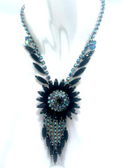 Juliana D&E Jet Black “Sunburst” Dangle Necklace, Blue AB Rhinestones, Book