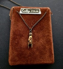 1950s CeeTee STERLING Mano Cornuto Good Luck Hand Pendant 19″ Chain & Hinged Box