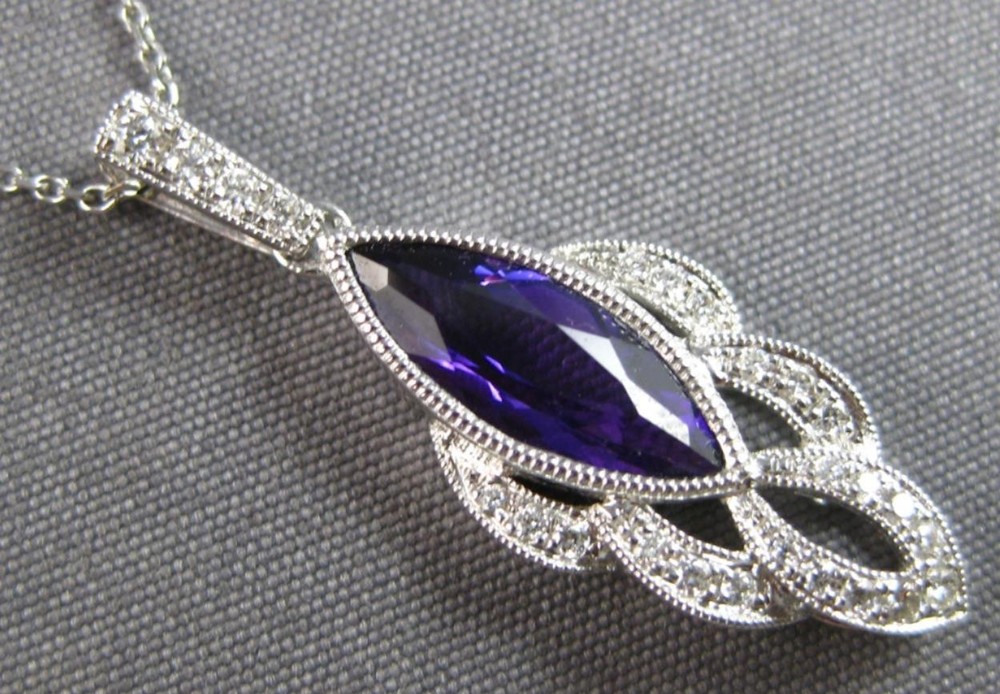 ESTATE 1.03CT DIAMOND & AAA AMETHYST 14K WHITE GOLD TEAR DROP FLOATING PENDANT