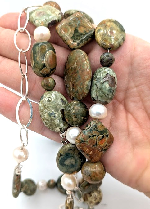 Stone Pearl Necklace Sterling Silver Long 52 Inch