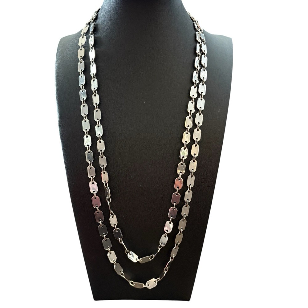 Vintage Flat Disc Necklace Extra Long Chain Link 56 in Silver Tone Metal Layered