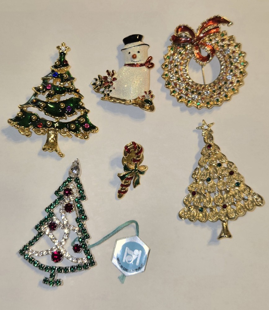 6 Christmas Brooch Rhinestone Enamel Pins Costume Jewelry, 1.5-2.5 Inches