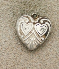 VINTAGE STERLING PUFFY HEART CHARM – Two Hearts & Swirls & Engr. “N” & “D”
