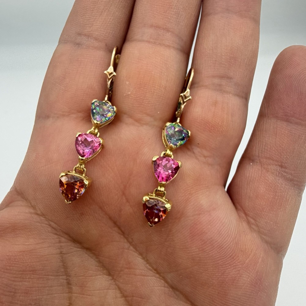 14K Yellow Gold Mystic Pink Topaz Leverback Earrings Stamped VA