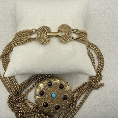 Vintage Goldette Trinket Locket Multi Strand Chain 30-42″ Blue Red Scrollwork