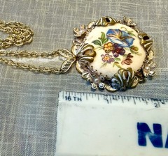 Vintage W Germany Floral Porcelain Filigree Pendant Necklace Gold Tone Enamel