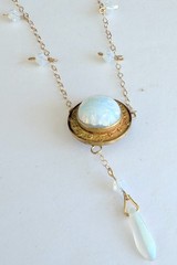 Beautiful Antique 14K GF Opalite Dangle Necklace w/Foil Button Pendant