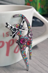 Silver Tone Multi Colored Rhinestone Cat Brooch