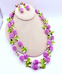 Vintage Hong Kong Lucite Flower Necklace Clip Earrings Pink Purple Floral Glow