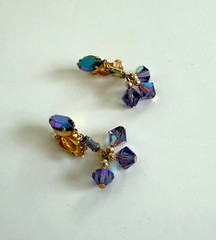 Vintage Lewis Segal California Purple AB Rhinestone Drop Dangle Clip On Earrings