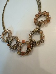 22″ Boho Wire Wrapped 5 HOOP NECKLACE Vtg GOLD TONE Beaded Statement Necklace