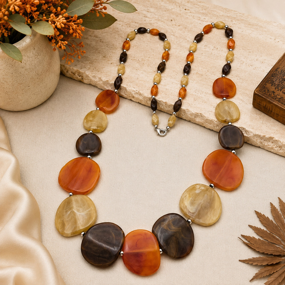 Autumn Tone Marbled Lucite Graduated Pebble Statement Necklace 36 in Vintage