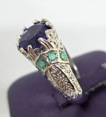Faux Purple Amethyst Green Opal Filigree Silver Cocktail Ring Marked 925 SZ 7.25