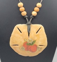 VTG Decoupaged Large Sand Dollar pendant necklace Wood Beads 28″ Leather Cord