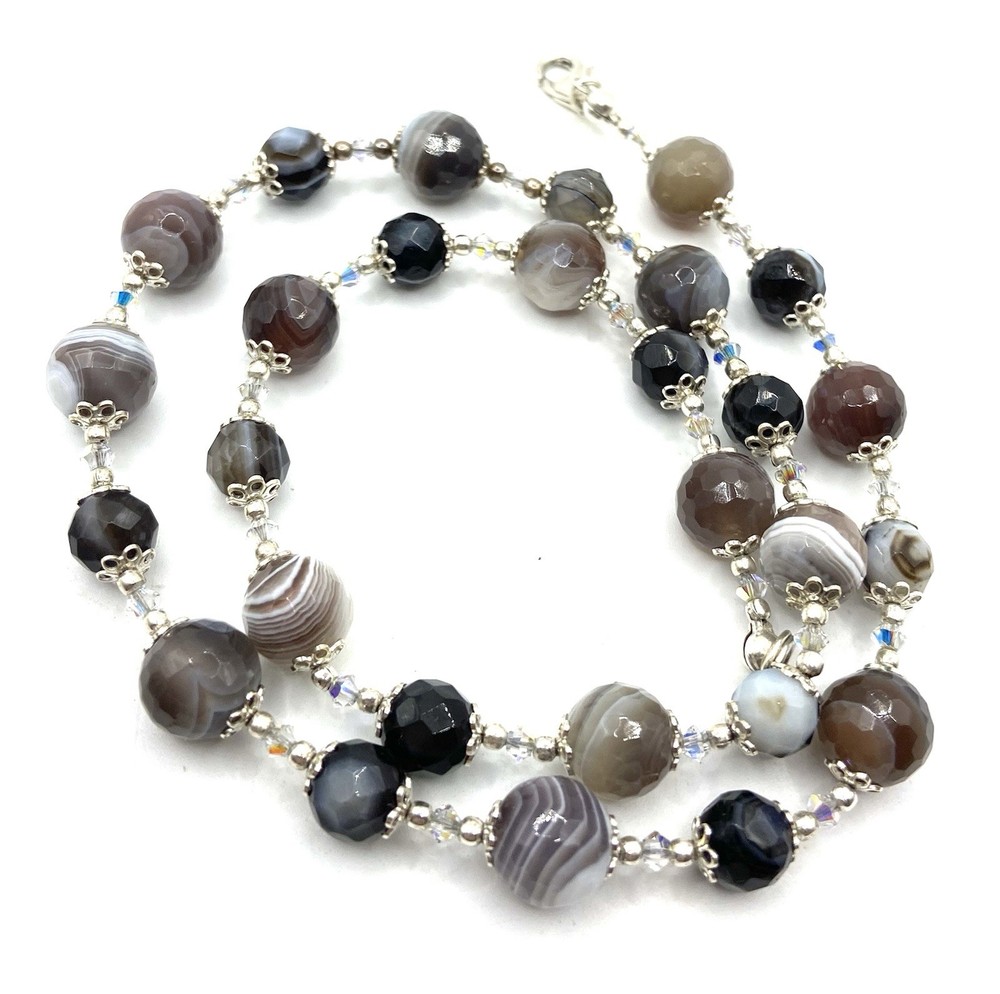 Vintage Faceted Agate Sterling Silver / 925 Beaded Necklace 19” Long