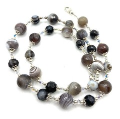 Vintage Faceted Agate Sterling Silver / 925 Beaded Necklace 19” Long