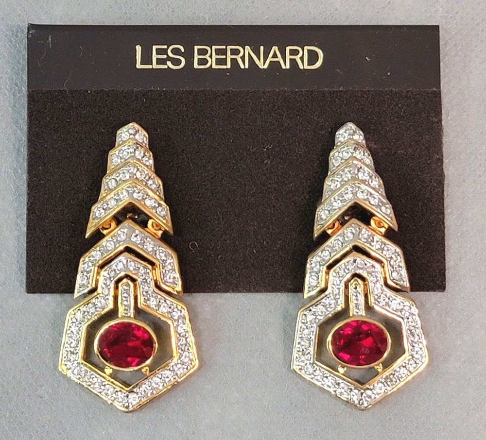 Vintage LES BERNARD Goldtone RED & CLEAR RHINESTONE Statement EARRINGS