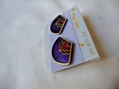 VINTAGE SAMUEL HUANG CLOISONNE RETRO ABSTRACT FAN RED BLACK & PURPLE EARRINGS