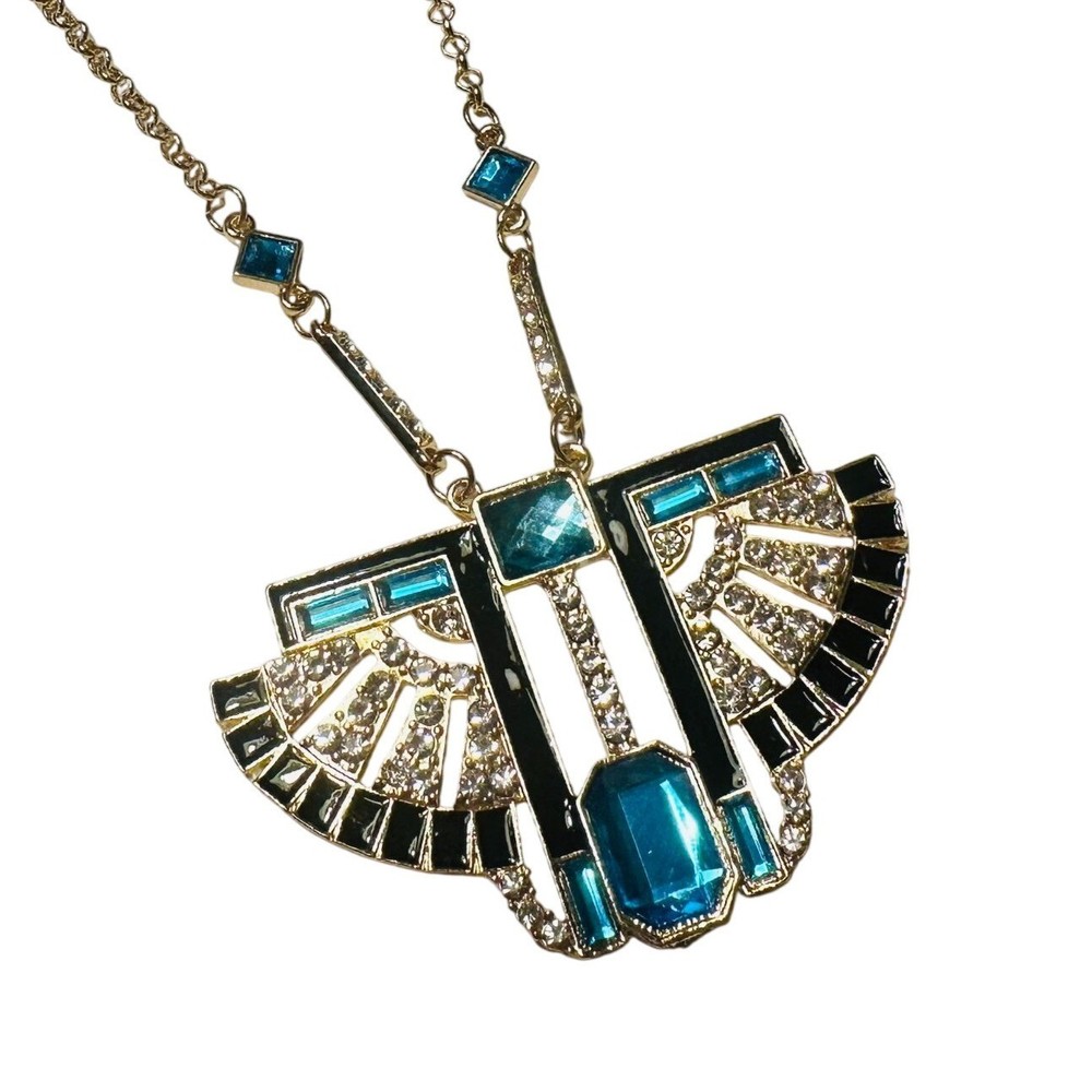 Art Deco-Style Gold Necklace With Blue & Clear Accents Egyptian Revival