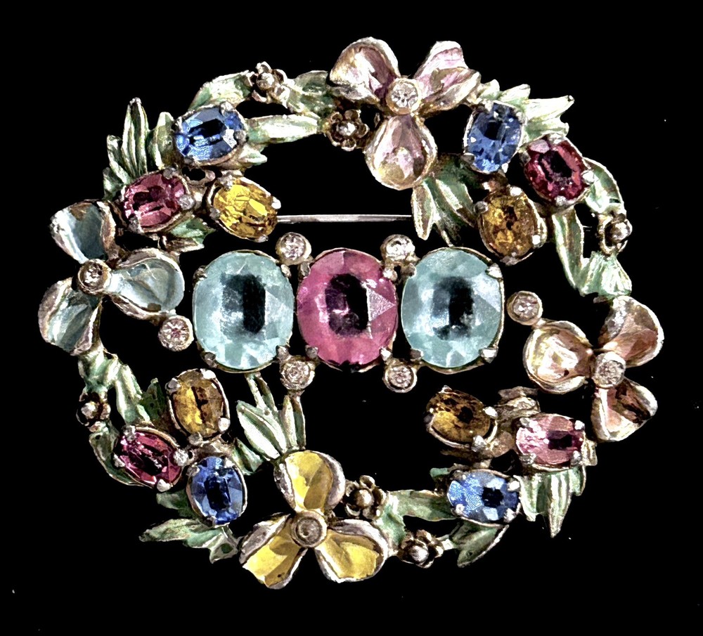 VTG CZECH Large Pastel RHINESTONE Enameled POT METAL BROOCH