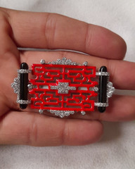Black Onyx and Red Enamel 925 Sterling Silver Brooch Geometric Design CZ Jewelry