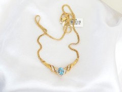 14K Gold on Sterling Silver 925 Natural Heated Blue Topaz Diamond Necklace 18″