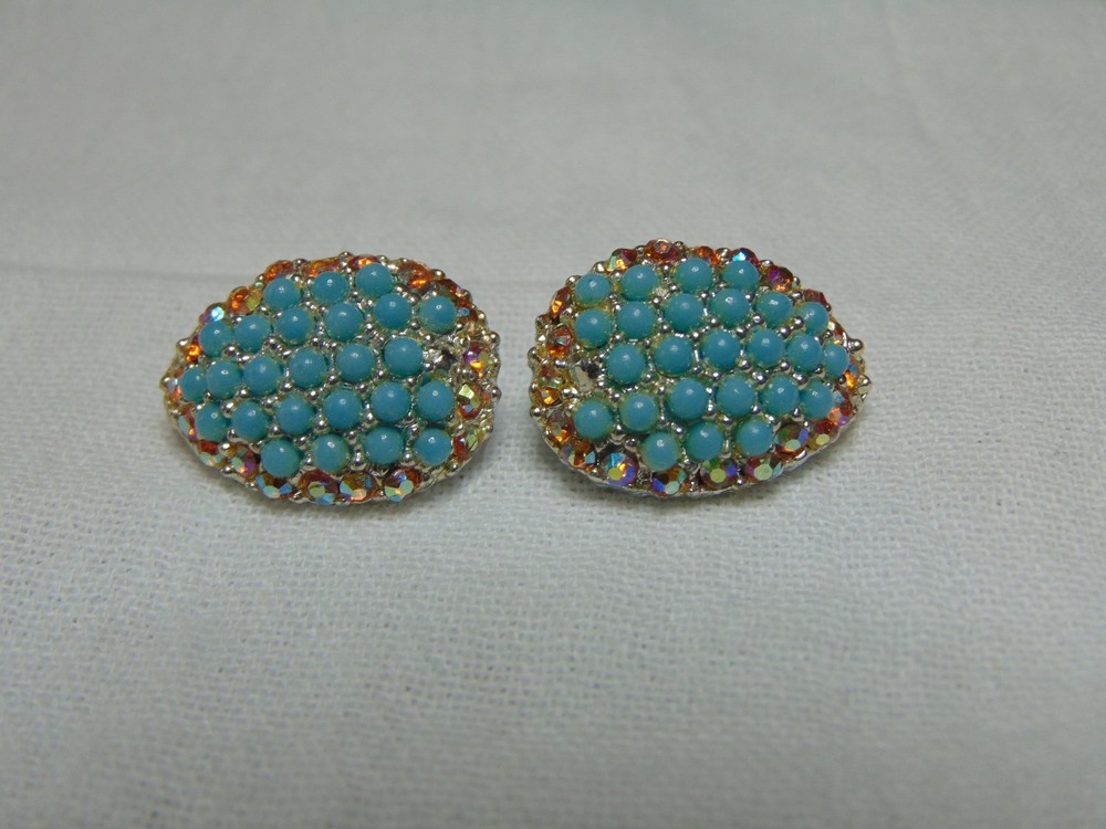 vtg set of faux Turquoise beads pinkish ab crystals silver plated scatter pins