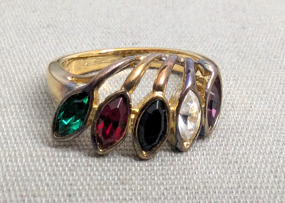 VTG Designer Lind 14K Gold Plate H.G.E. 5 Birthstones Ring Gemstones – Size 7