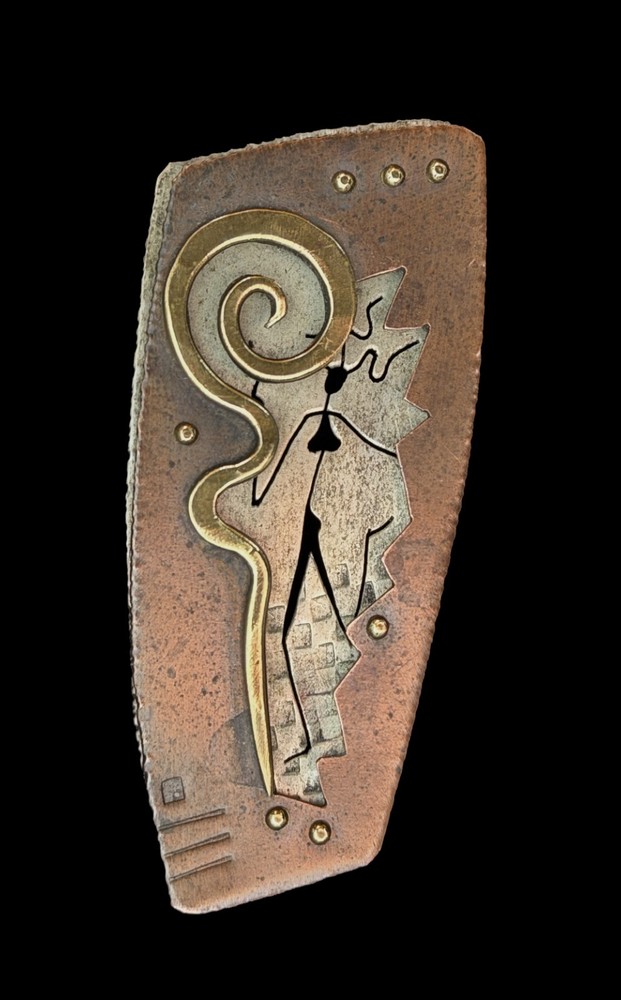 Vintage Modernist Artisan Mixed Metal Dancing Figure Signed Brooch Pin 1990s