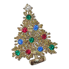 Christmas Tree Brooch Lapel Pin Gold Toned Green Red and Blue Rhinestones