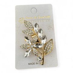 Beautiful Anna & Charlotte Gold Tone & Clear Rhinestone Flower Stem Brooch